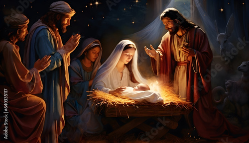 Foto Scene of the birth of Jesus. Christmas nativity scene.