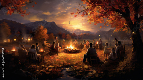 A gathering of friends and family around a bonfire, sharing stories and warmth on Thanksgiving evening, Background, Thanksgiving,