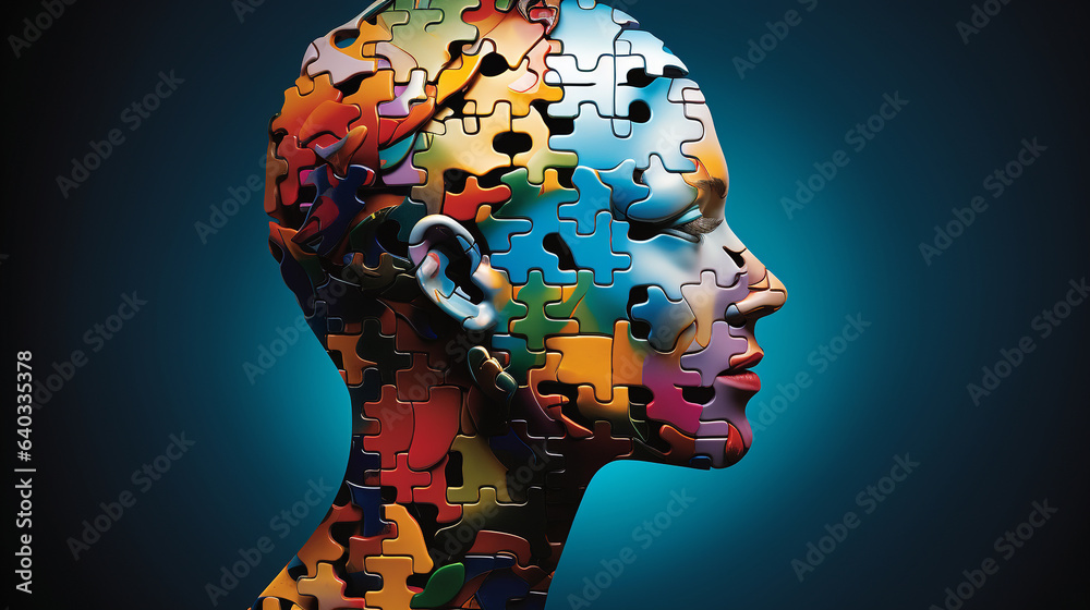 Vector silhouette head puzzle pieces. Mental and brain illness. Business infographic concept. Shape symbol education, knowledge, psychology, memory, logic. - obrazy, fototapety, plakaty 