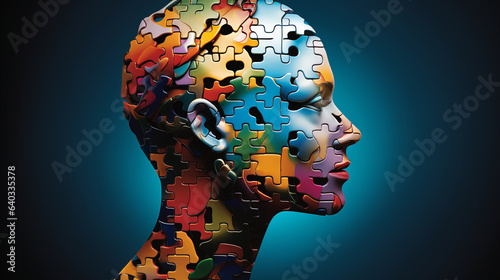 Vector silhouette head puzzle pieces. Mental and brain illness. Business infographic concept. Shape symbol education, knowledge, psychology, memory, logic.