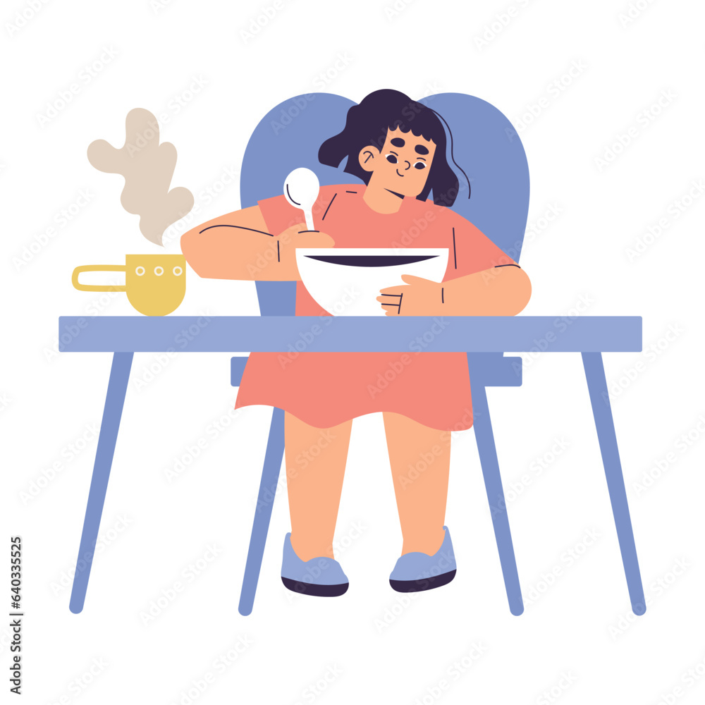 Little Girl Eating Breakfast as Children Day Activity Vector Illustration Little Girl Eating Breakfast as Children Day Activity Vector Illustration