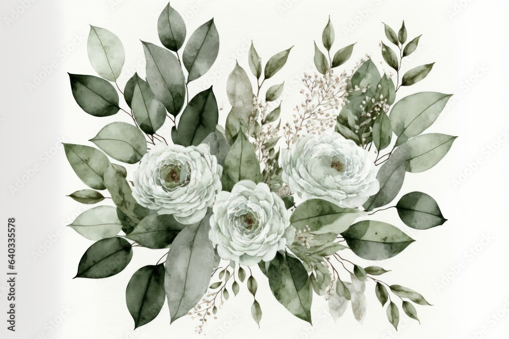 Serene Watercolor Floral Bouquet: White Flowers with Green Leaves

