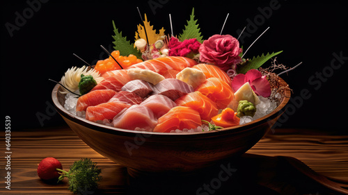 chirashi bowl, a medley of sashimi pieces artfully arranged over seasoned sushi rice.generative ai