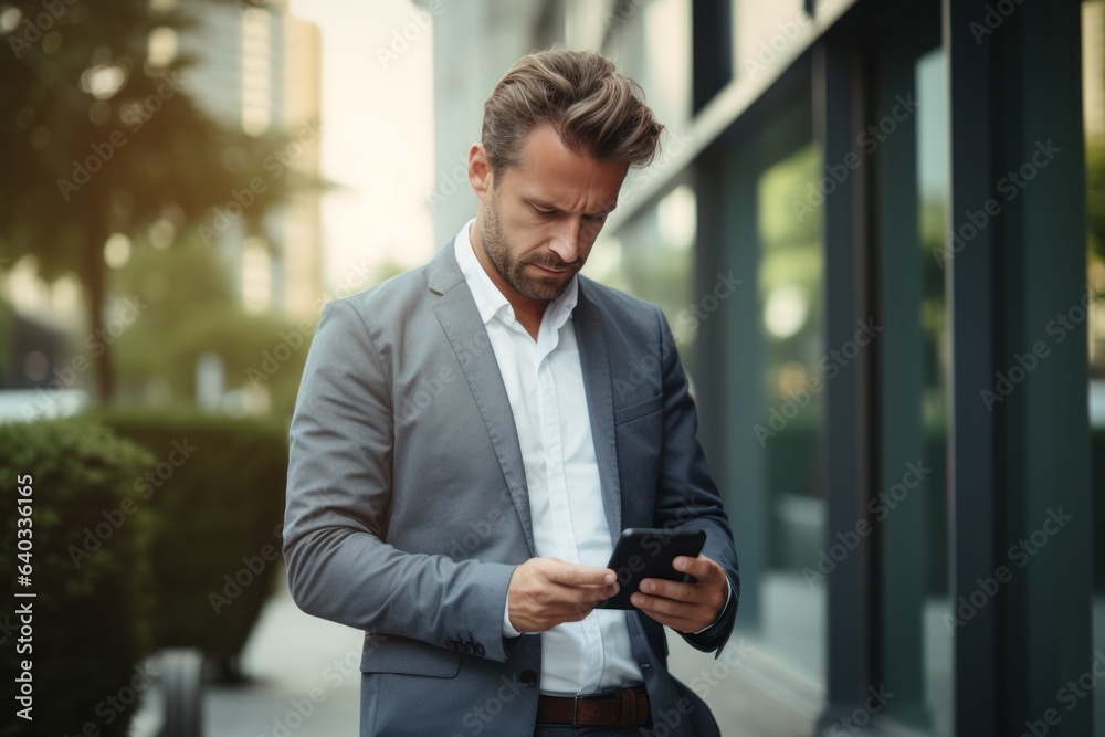 an upset businessman walking in the city while looking at his smartphone an upset businessman walking in the city while looking at his smartphone