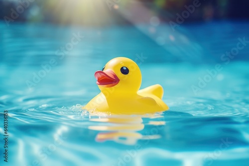 yellow rubber duck bath toy floating in the swimming pool
