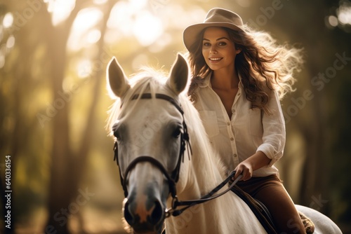  a beautiful woman in hat riding a horse © id512