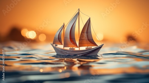 a toy paper boat in the water during sunset 
