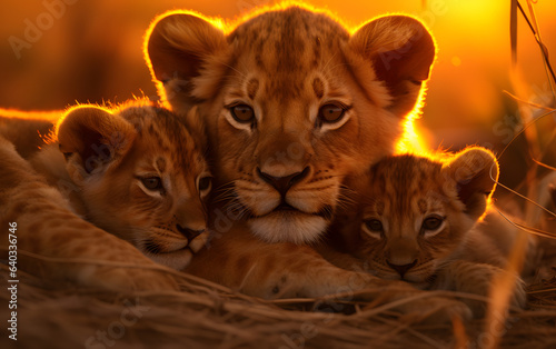 Golden sunset: Portrait of 3 lion cubs, one older, basking in warm light. Adorable unity.