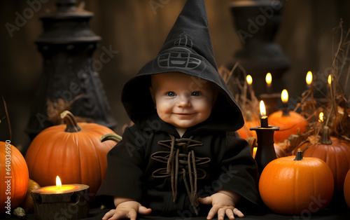 Adorable baby in a witch costume in a Halloween autumn decor with pumpkins. 