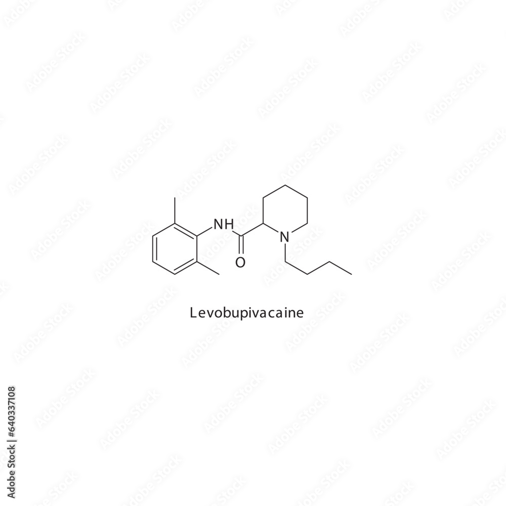 Levobupivacaine  flat skeletal molecular structure Local Anesthetic  drug used in local anasthesia, pain treatment. Vector illustration.