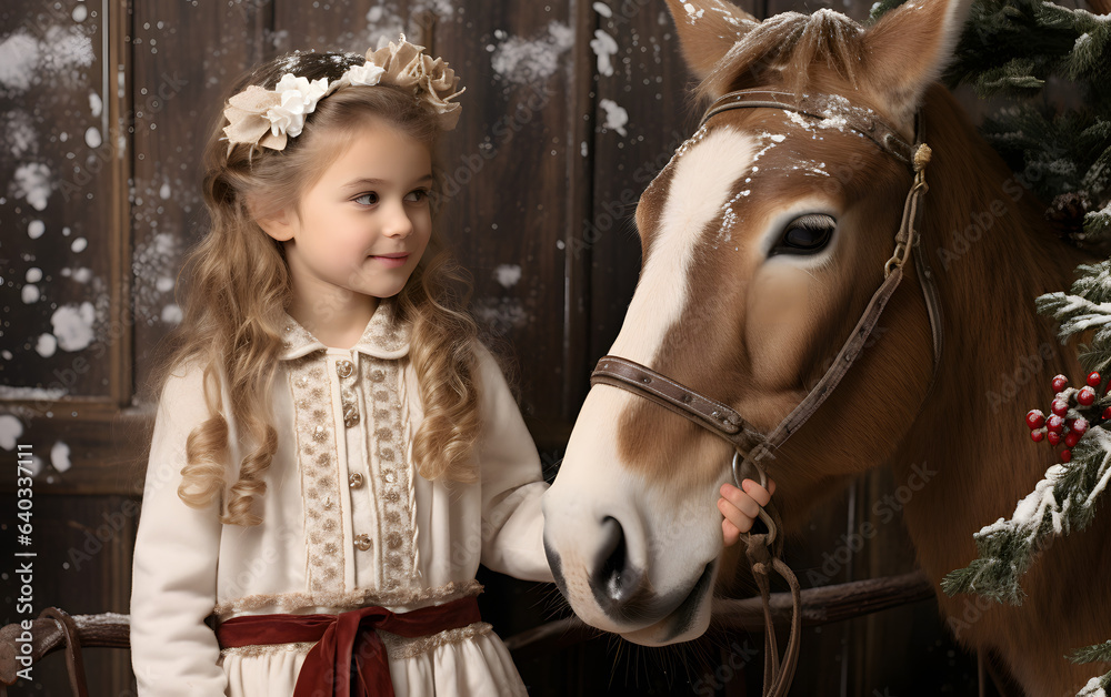 Christmas vibe with a girl petting a horse in a snowy scene