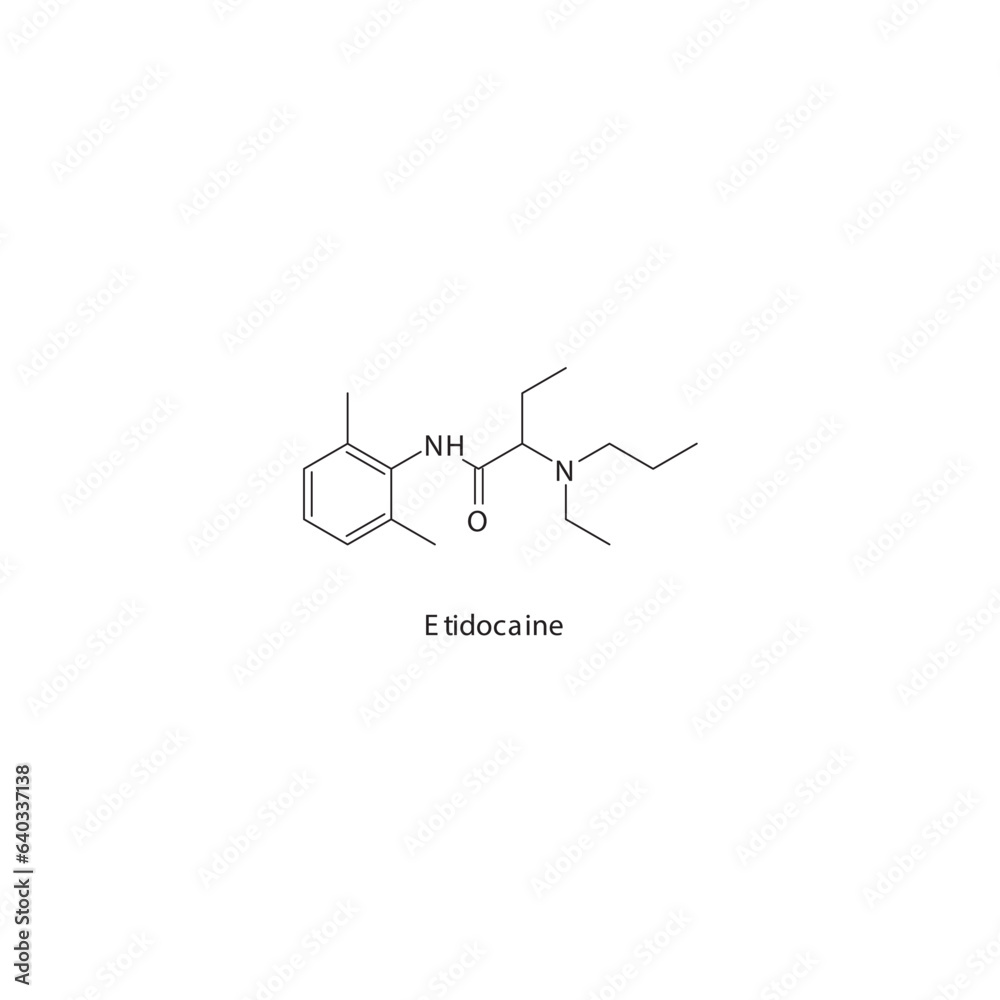 Etidocaine flat skeletal molecular structure Local Anesthetic  drug used in local anasthesia, pain treatment. Vector illustration.