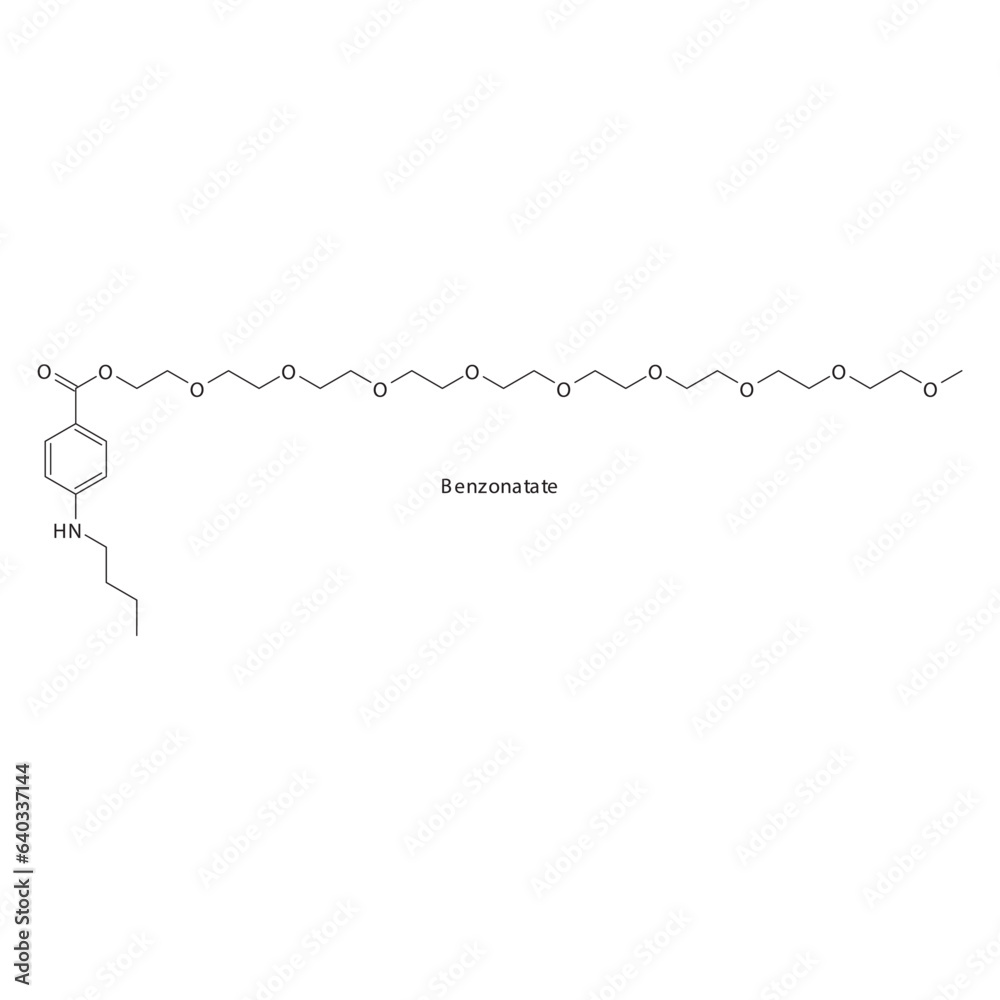 Benzonatate flat skeletal molecular structure Local Anesthetic  drug used in cough treatment. Vector illustration.