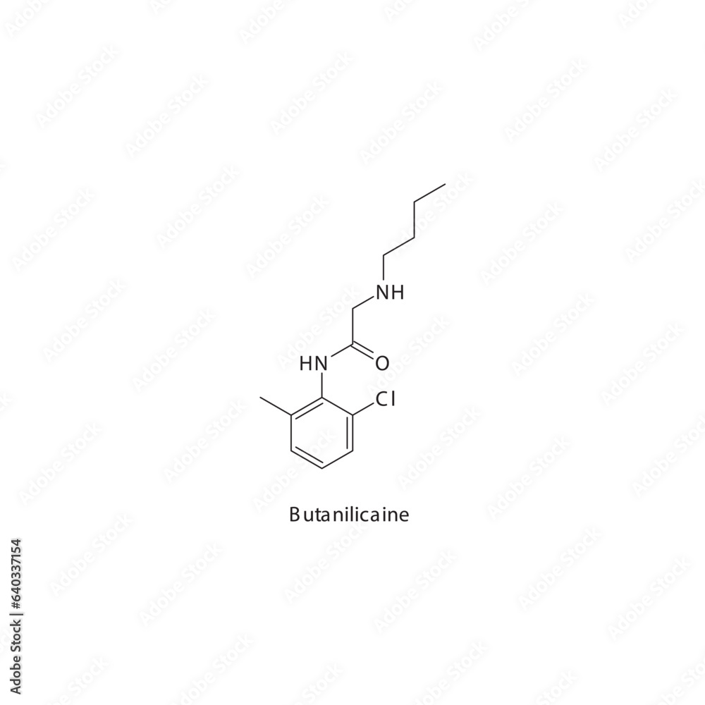 Butanilicaine flat skeletal molecular structure Local Anesthetic drug used in local anasthesia, pain treatment. Vector illustration. Butanilicaine flat skeletal molecular structure Local Anesthetic drug used in local anasthesia, pain treatment. Vector illustration.