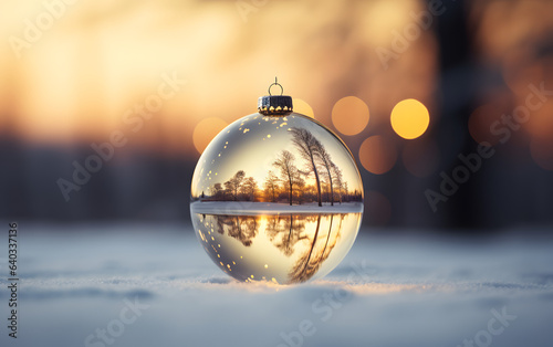 Transparent glass Christmas ball lying in the snow against a blurry sunset background, reflecting the forest inside. A beautiful Christmas-spirited image. 