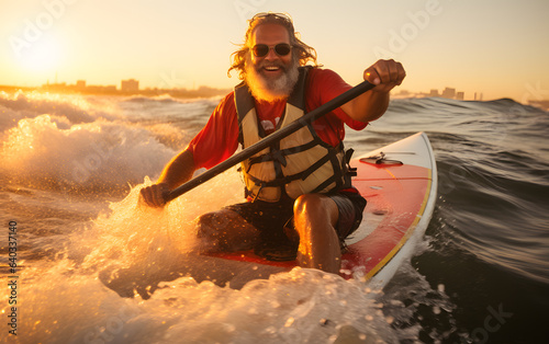 bearded man in sunglasses paddling on the sea with big waves, a big smile on his face, and a sunset in the background. It captures the essence of nature, sport, holiday, vacation, and fun © Holly Berridge