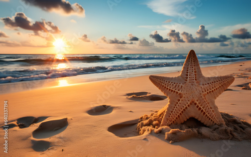 Starfish sculpted in sand on a white sand beach, against a backdrop of a sunset and blue skies. Ideal for vacation, holiday, and travel.