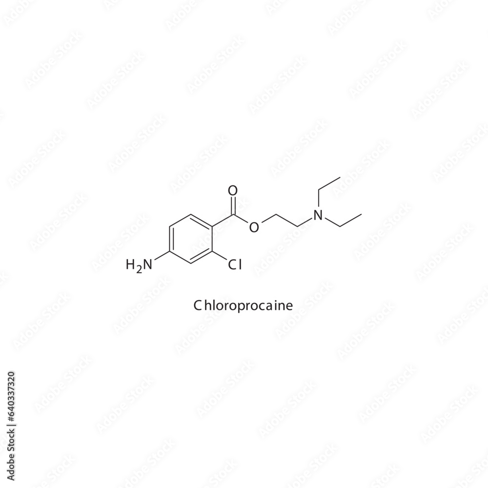 Chloroprocaine flat skeletal molecular structure Local Anesthetic drug used in local anasthesia, pain treatment. Vector illustration. Chloroprocaine flat skeletal molecular structure Local Anesthetic drug used in local anasthesia, pain treatment. Vector illustration.
