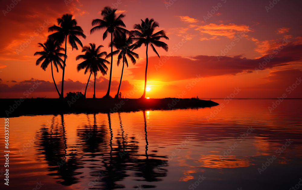 Silhouette of palm trees on an island, in a beautiful orange sunset, overlooking reflective water and clouds. Tranquil beauty. 