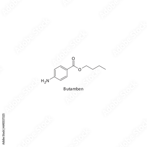 Butamben flat skeletal molecular structure Local Anesthetic  drug used in local anasthesia, pain treatment. Vector illustration.