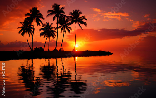 Silhouette of palm trees on an island  in a beautiful orange sunset  overlooking reflective water and clouds. Tranquil beauty. 