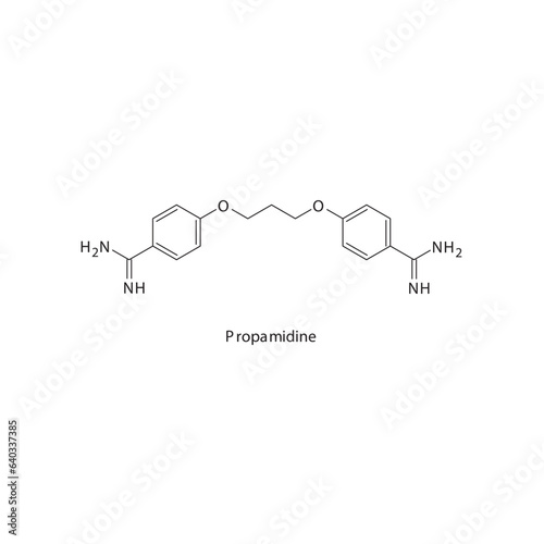 Propamidine flat skeletal molecular structure Antibacterial agent drug used in skin disinfection treatment. Vector illustration.