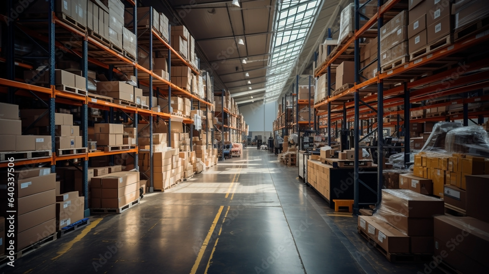 A large warehouse with numerous items. Rows of shelves with boxes. A large logistics warehouse full of boxes, parcels and merchandise. A large warehouse with numerous items. Rows of shelves with boxes. A large logistics warehouse full of boxes, parcels and merchandise.