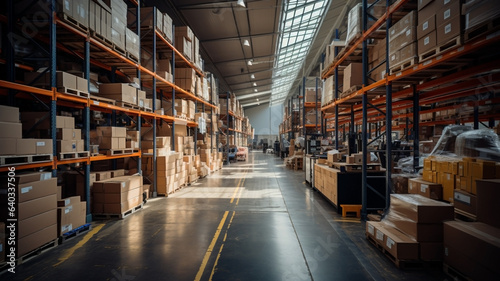 A large warehouse with numerous items. Rows of shelves with boxes. A large logistics warehouse full of boxes, parcels and merchandise. © amnaj