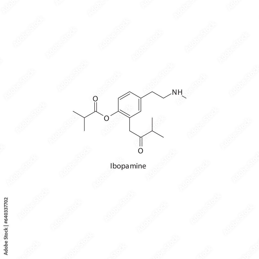 Ibopamine flat skeletal molecular structure α1 agonist drug used in ophthalmologic treatment. Vector illustration. Ibopamine flat skeletal molecular structure α1 agonist drug used in ophthalmologic treatment. Vector illustration.