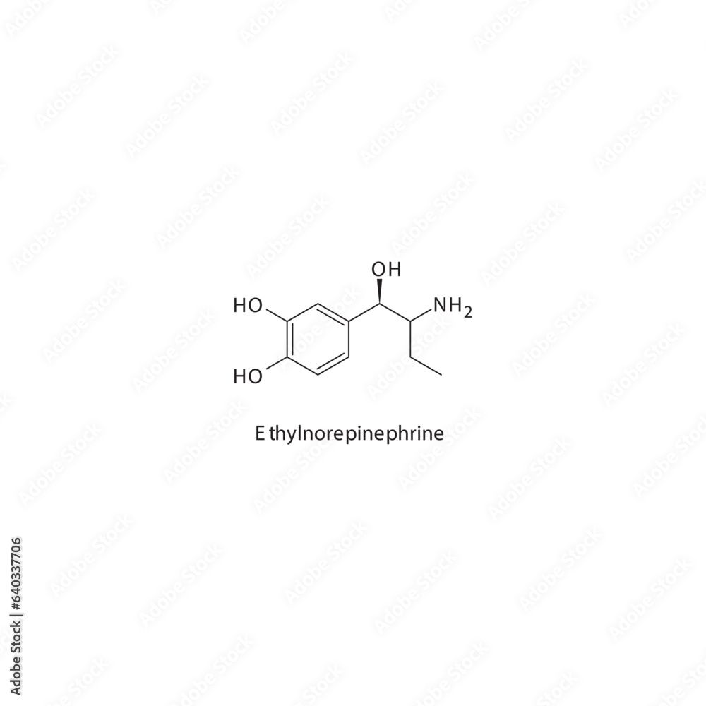Ethylnorepinephrine  flat skeletal molecular structure α1 agonist drug used in bronchoconstriction treatment. Vector illustration.