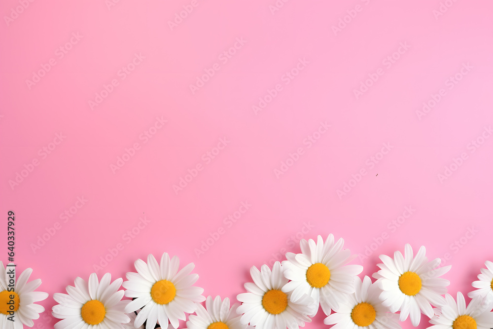 Pink background with big white daisies at the bottom. Cheerful simplicity.