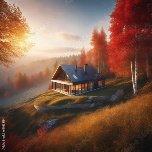 A house in the fog in the fall woods on a hill