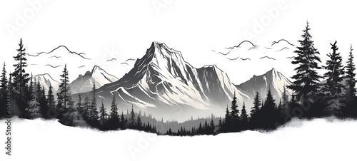 Mountain landscape with coniferous forest and snow. Vector illustration.