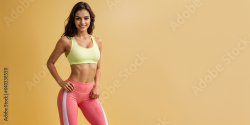Fit and Healthy Brazilian Woman in Sportswear Against Yellow Backdrop. Health and fitness Advertising concept