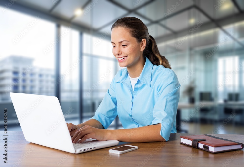 Young busy business woman working on laptop, AI generated image Young busy business woman working on laptop, AI generated image