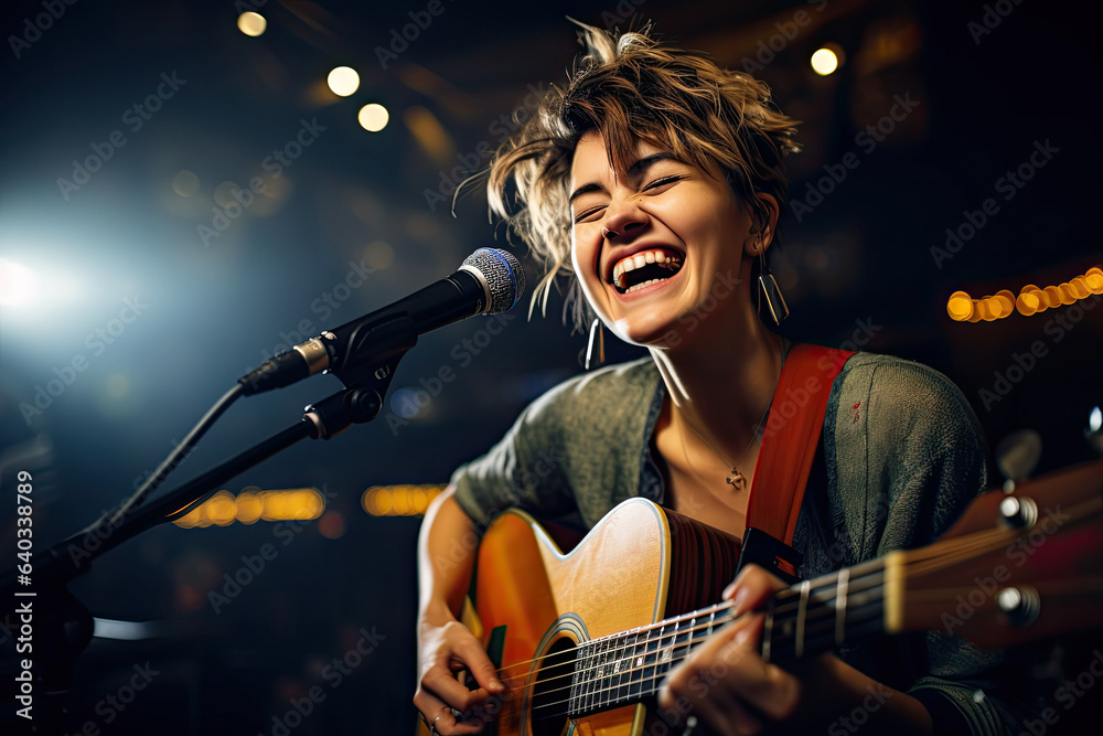 Obraz premium photograph of Smiling female musician wearing glasses. wide angle lens realistic lighting