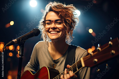 photograph of Smiling female musician wearing glasses. wide angle lens realistic lighting