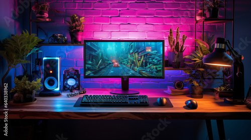 Gaming desk setup in a teenager room. Generative AI