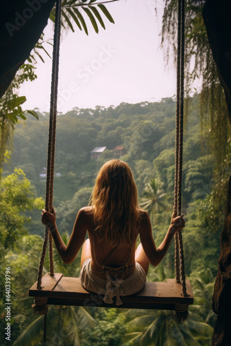 Rear view woman on a swing in Asia. Young girl traveler in the mountains, tropical jungle view