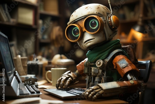 Rustic Office Scene with Robot at Desk.