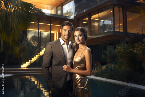 Portrait of a happy couple of billionaires outside their new mansion.