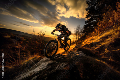 A mountainbiker descending a steep slope on a hill at sunset © Jose Luis Stephens