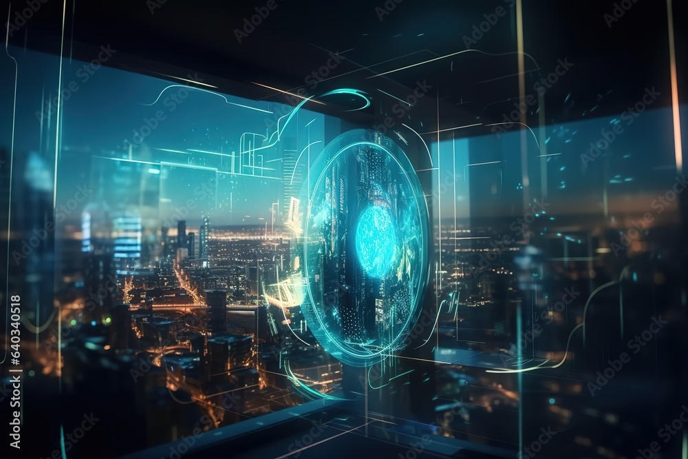 Creative glowing ECO HUD screen hologram on blurry city background. Ecosystem and digital technology concept. Generative AI Creative glowing ECO HUD screen hologram on blurry city background. Ecosystem and digital technology concept. Generative AI