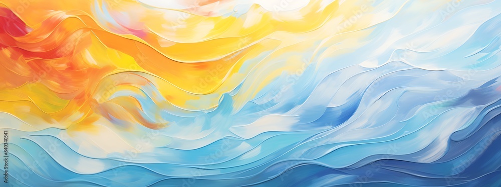 Abstract background of acrylic paint in yellow, blue and orange colors.