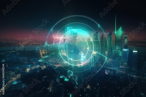 Creative glowing ECO HUD screen hologram on blurry city background. Ecosystem and digital technology concept. Generative AI