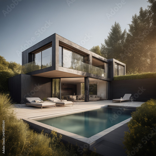 Comfortable modern house with a flat roof, illuminated by the setting sun, in modern style with large windows and a swimming pool near the house.