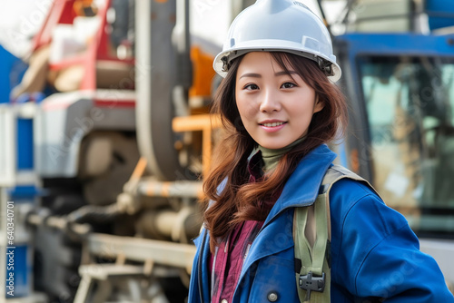 Asian women with a career that requires heavy labor. Portrait of female worker with safety hat on workplace. Generative AI.