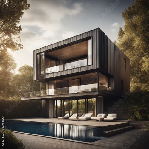 Comfortable modern house with a flat roof, illuminated by the setting sun, in modern style with large windows and a swimming pool near the house.