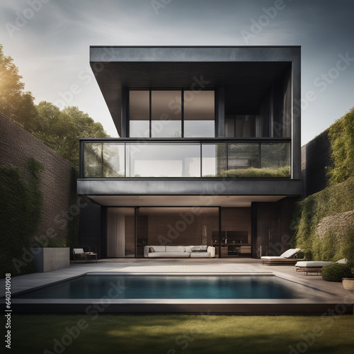 Comfortable modern house with a flat roof, illuminated by the setting sun, in modern style with large windows and a swimming pool near the house.