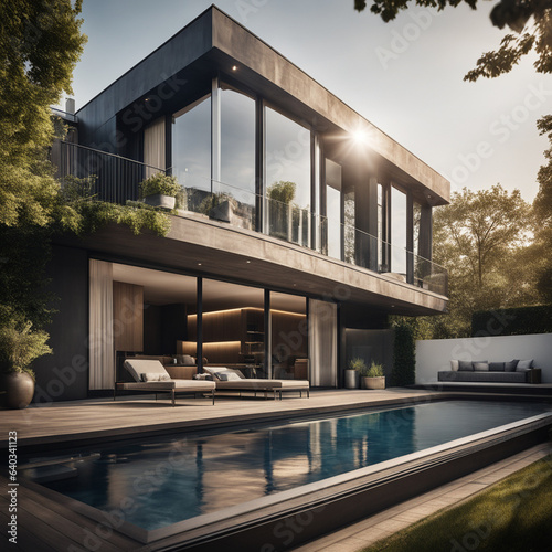 Comfortable modern house with a flat roof, illuminated by the setting sun, in modern style with large windows and a swimming pool near the house.